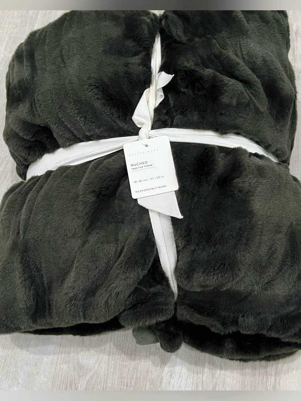 Pottery Barn Ruched Faux Fur Throw Blanket Sycamore Green 50x60 NWT Luxury